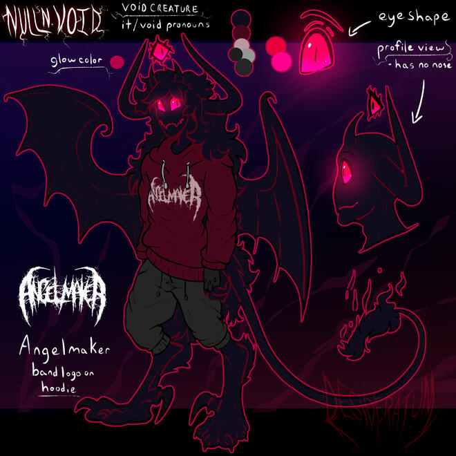 A reference sheet of a lanky, demonic creature with black skin, red eyes, wings and a long tail. It has a dark red hoodie with an “Angelmaker” logo on the front and grey cargo pants.
